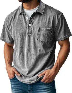 Men's Polo Shirts Short Sleeve Distressed Washed Button Cotton T-Shirt Casual Summer Tee Tops with Pocket