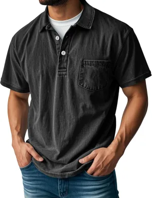 Men's Polo Shirts Short Sleeve Distressed Washed Button Cotton T-Shirt Casual Summer Tee Tops with Pocket