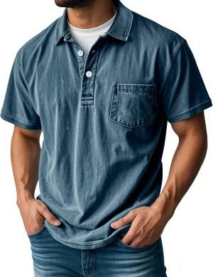 Men's Polo Shirts Short Sleeve Distressed Washed Button Cotton T-Shirt Casual Summer Tee Tops with Pocket