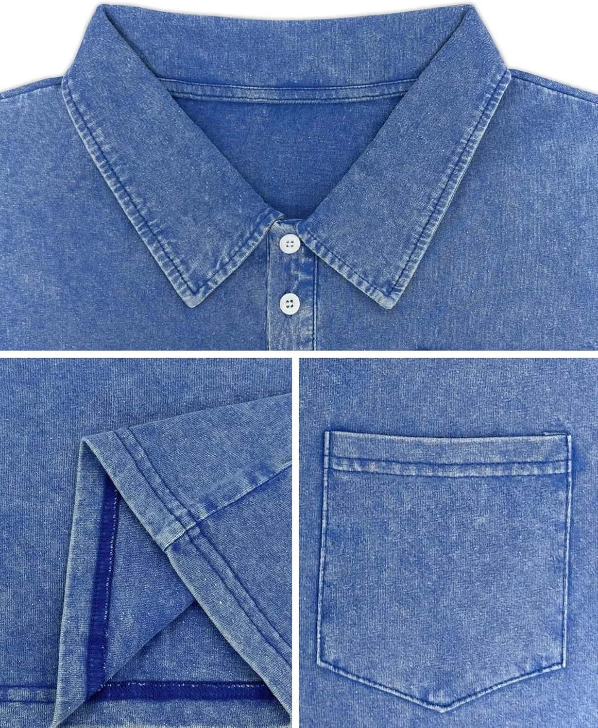 Men's Polo Shirts Short Sleeve Distressed Washed Button Cotton T-Shirt Casual Summer Tee Tops with Pocket