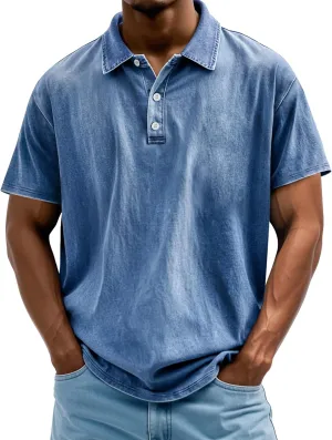 Men's Polo Shirts Short Sleeve Distressed Washed Cotton T-Shirts Button Casual Summer Solid Tee Tops