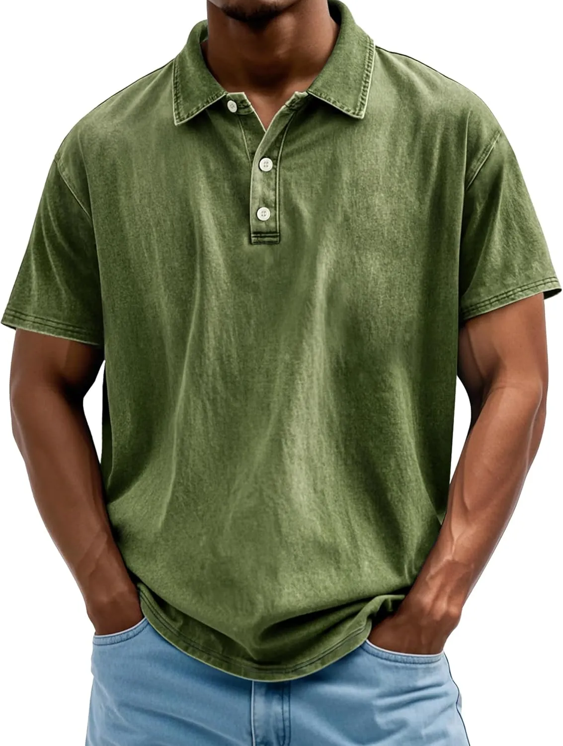 Men's Polo Shirts Short Sleeve Distressed Washed Cotton T-Shirts Button Casual Summer Solid Tee Tops