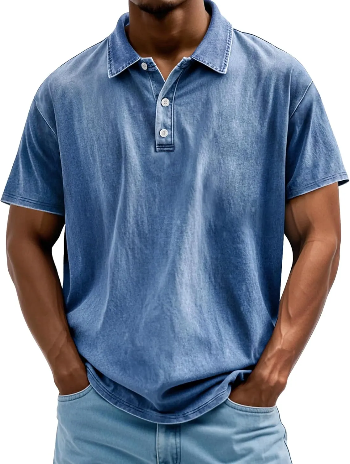 Men's Polo Shirts Short Sleeve Distressed Washed Cotton T-Shirts Button Casual Summer Solid Tee Tops