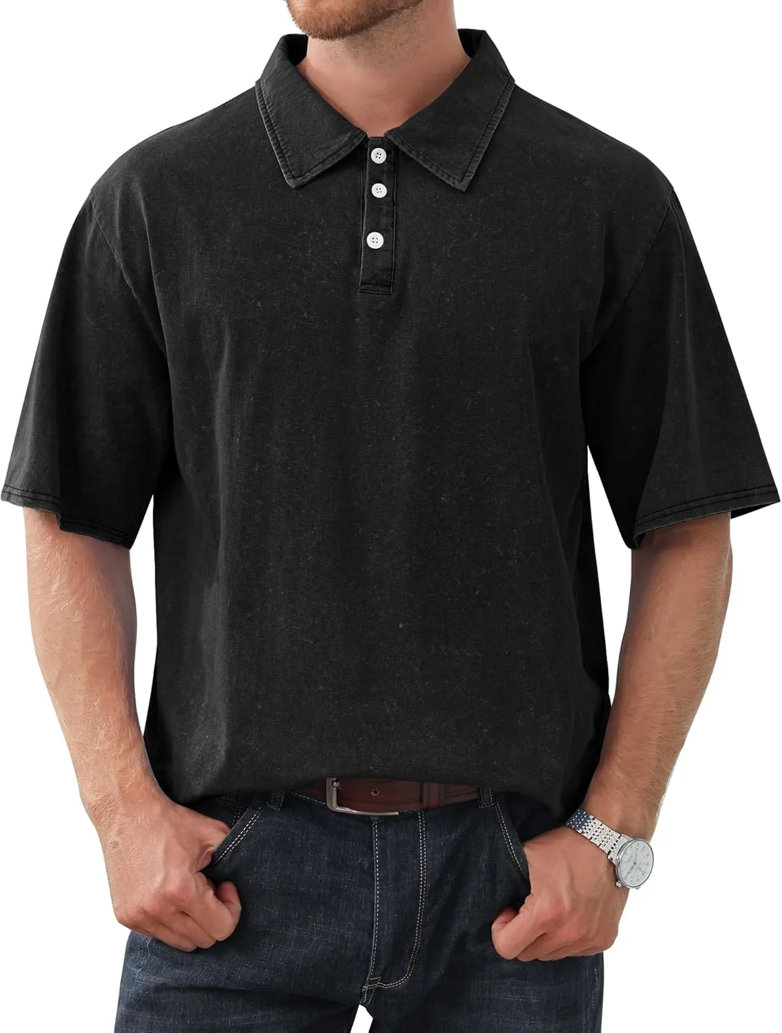 Men's Polo Shirts Short Sleeve Distressed Washed Cotton T-Shirts Button Casual Summer Solid Tee Tops