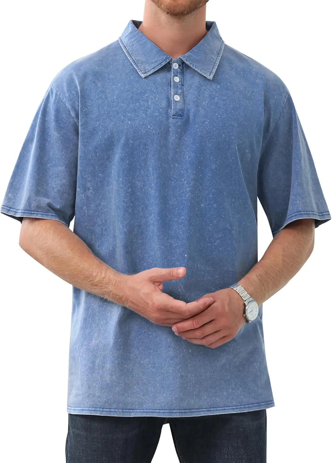 Men's Polo Shirts Short Sleeve Distressed Washed Cotton T-Shirts Button Casual Summer Solid Tee Tops