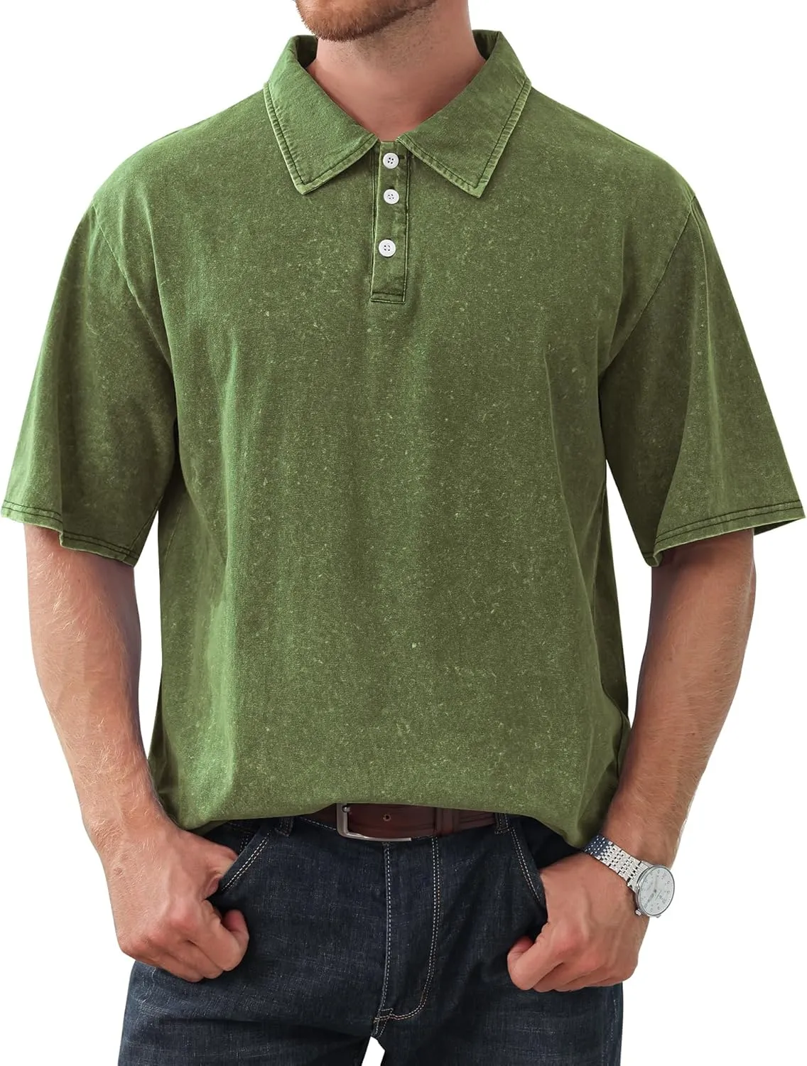 Men's Polo Shirts Short Sleeve Distressed Washed Cotton T-Shirts Button Casual Summer Solid Tee Tops