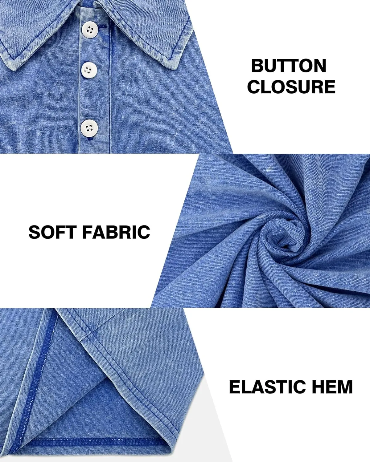 Men's Polo Shirts Short Sleeve Distressed Washed Cotton T-Shirts Button Casual Summer Solid Tee Tops
