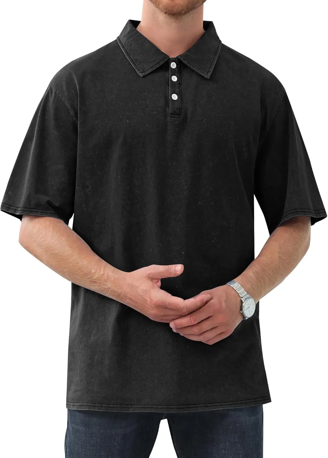Men's Polo Shirts Short Sleeve Distressed Washed Cotton T-Shirts Button Casual Summer Solid Tee Tops