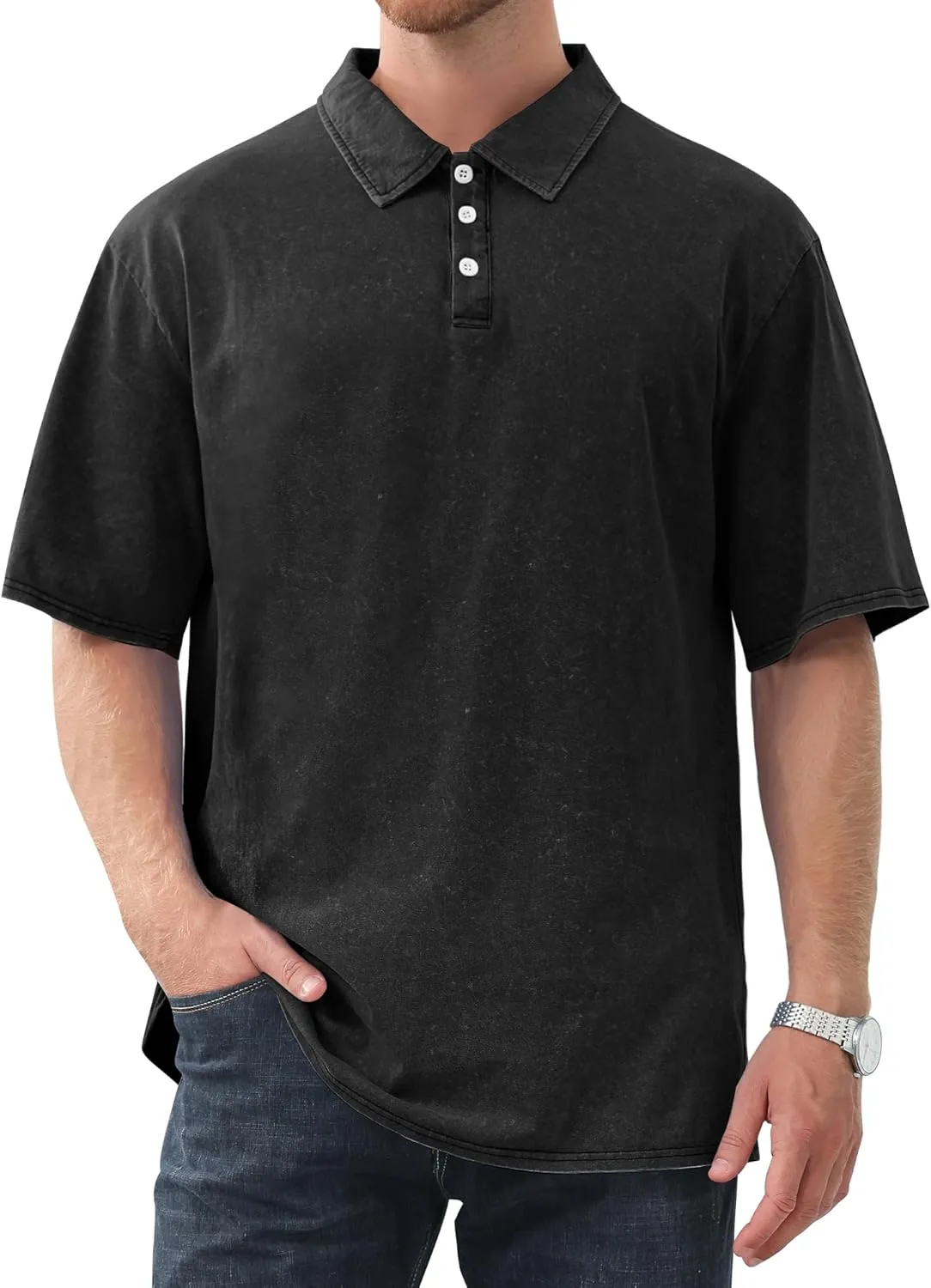 Men's Polo Shirts Short Sleeve Distressed Washed Cotton T-Shirts Button Casual Summer Solid Tee Tops