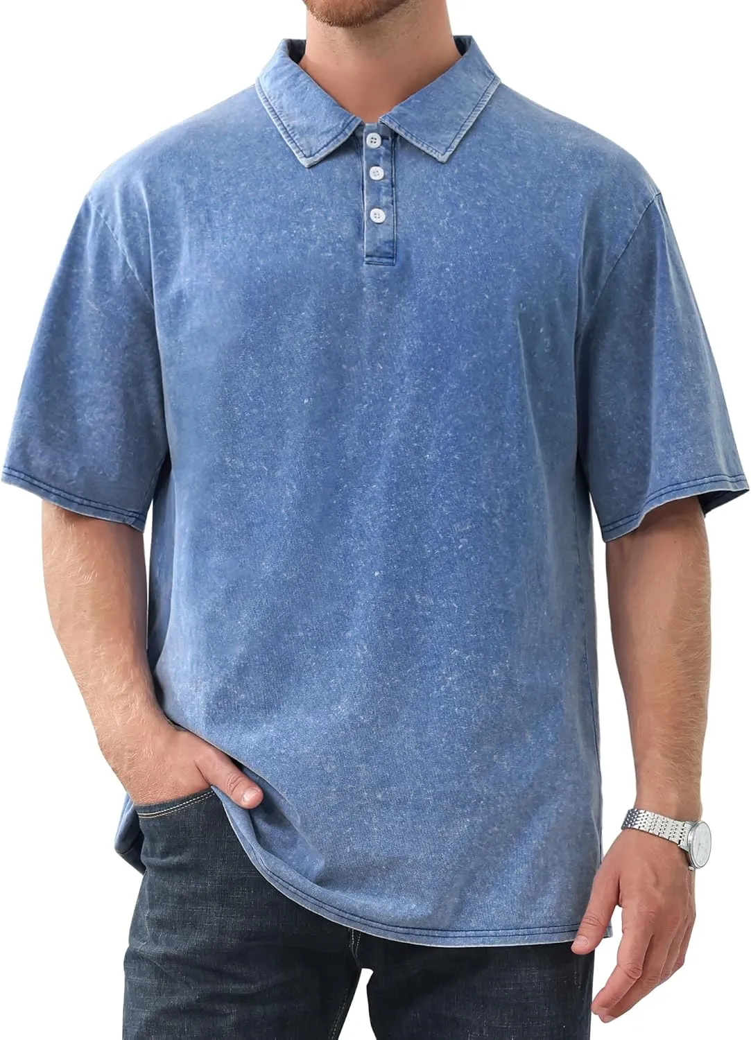 Men's Polo Shirts Short Sleeve Distressed Washed Cotton T-Shirts Button Casual Summer Solid Tee Tops