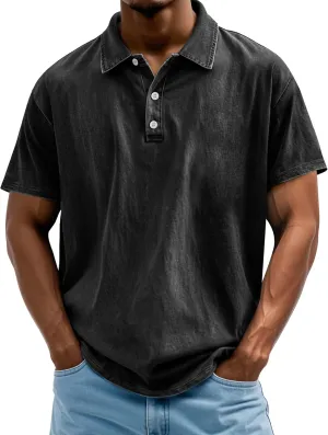 Men's Polo Shirts Short Sleeve Distressed Washed Cotton T-Shirts Button Casual Summer Solid Tee Tops