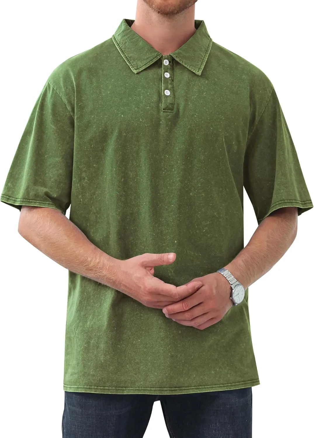 Men's Polo Shirts Short Sleeve Distressed Washed Cotton T-Shirts Button Casual Summer Solid Tee Tops