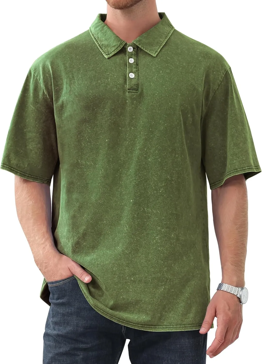 Men's Polo Shirts Short Sleeve Distressed Washed Cotton T-Shirts Button Casual Summer Solid Tee Tops