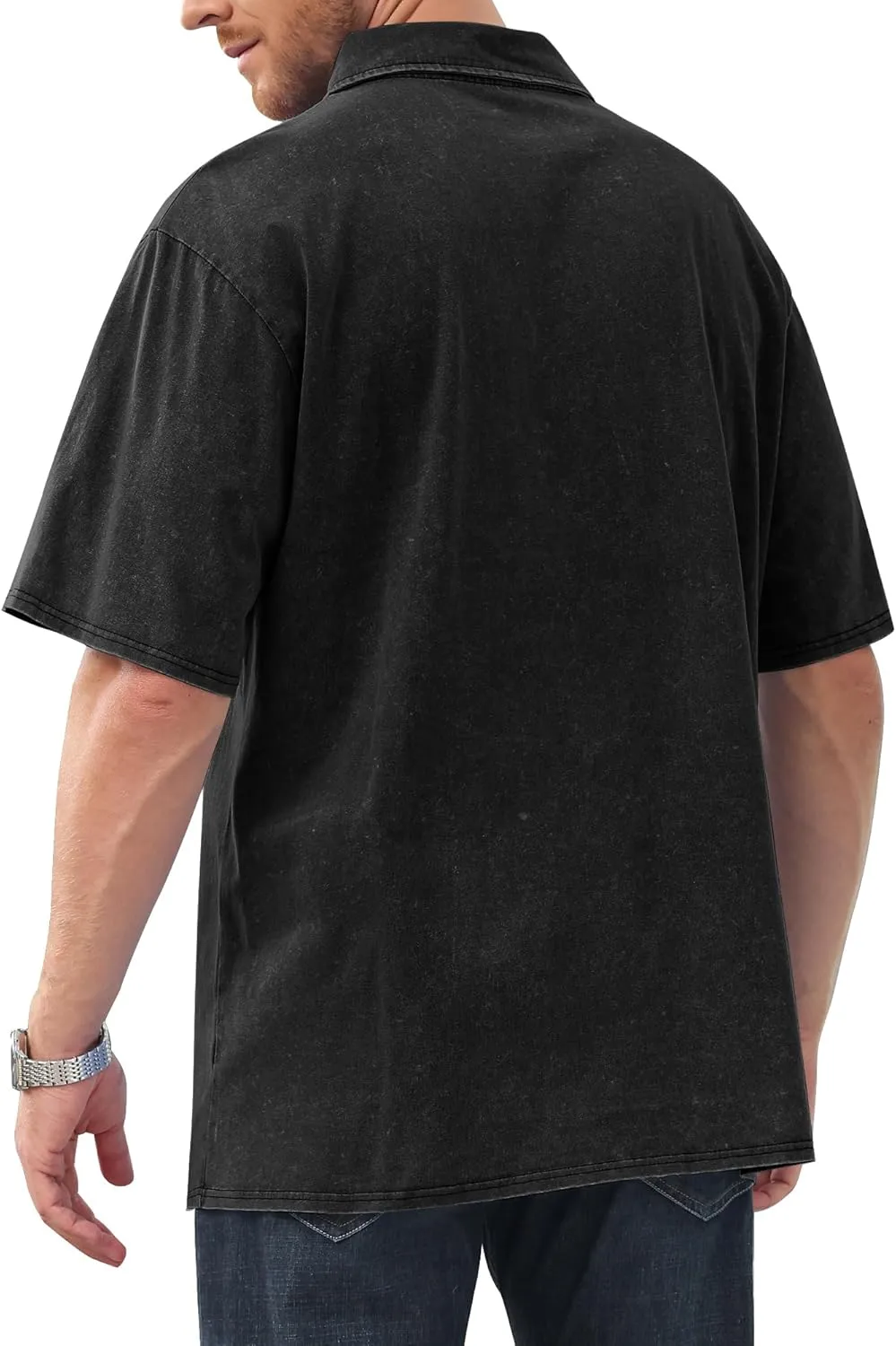 Men's Polo Shirts Short Sleeve Distressed Washed Cotton T-Shirts Button Casual Summer Solid Tee Tops
