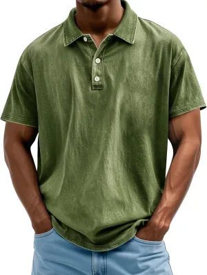 Men's Polo Shirts Short Sleeve Distressed Washed Cotton T-Shirts Button Casual Summer Solid Tee Tops