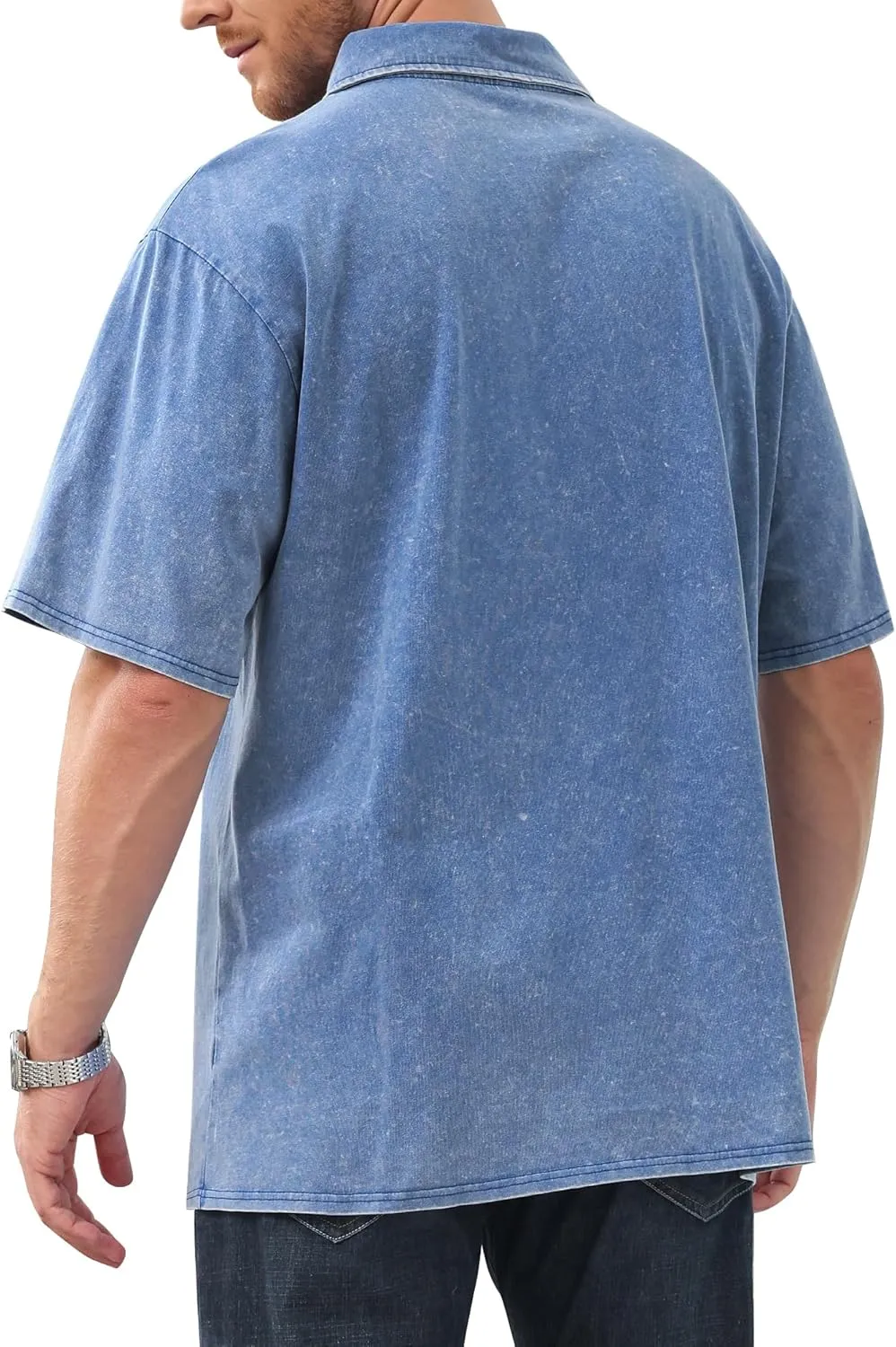 Men's Polo Shirts Short Sleeve Distressed Washed Cotton T-Shirts Button Casual Summer Solid Tee Tops