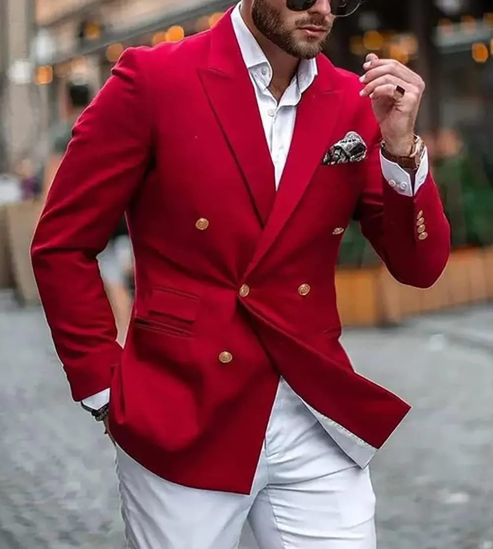 Men's Red Double Breasted Blazer Slim Fit Separate Jacket Peaked Lapel Suit Formal Wedding Blazer for Dinner(Only 1 Jacket)