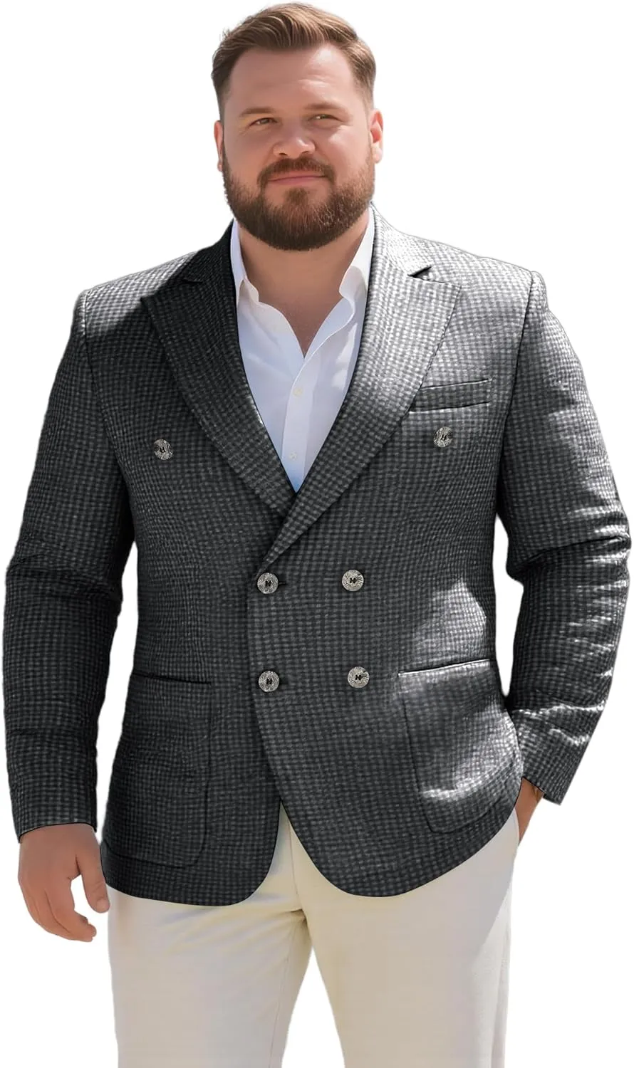 Men's Seersucker Suit Jacket Lightweight Double Breasted Blazer Sport Coat for Men Beach Wedding Summer