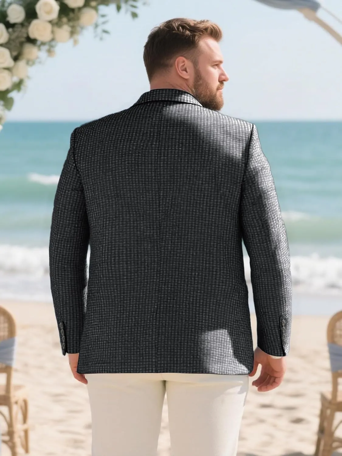Men's Seersucker Suit Jacket Lightweight Double Breasted Blazer Sport Coat for Men Beach Wedding Summer