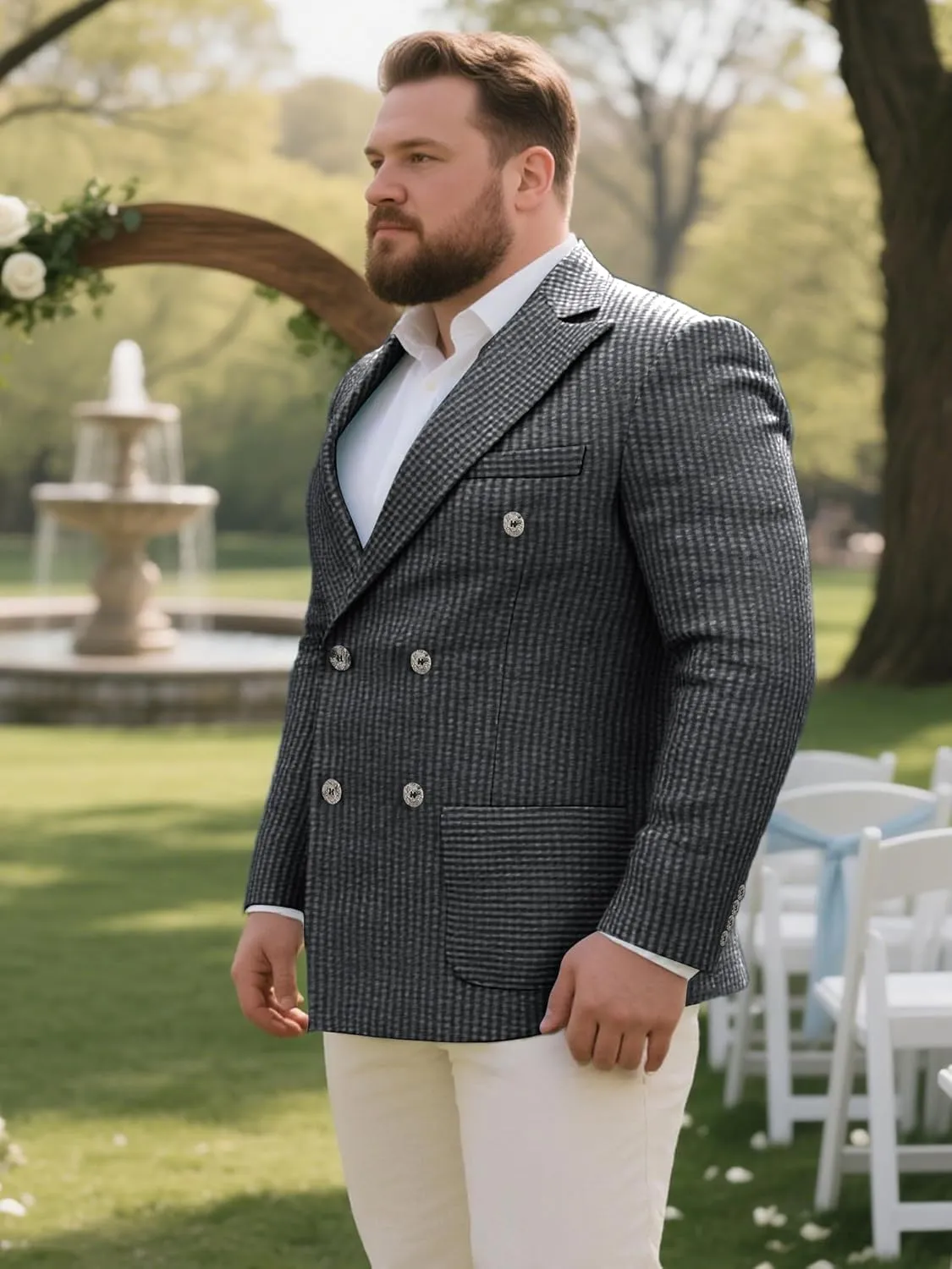Men's Seersucker Suit Jacket Lightweight Double Breasted Blazer Sport Coat for Men Beach Wedding Summer