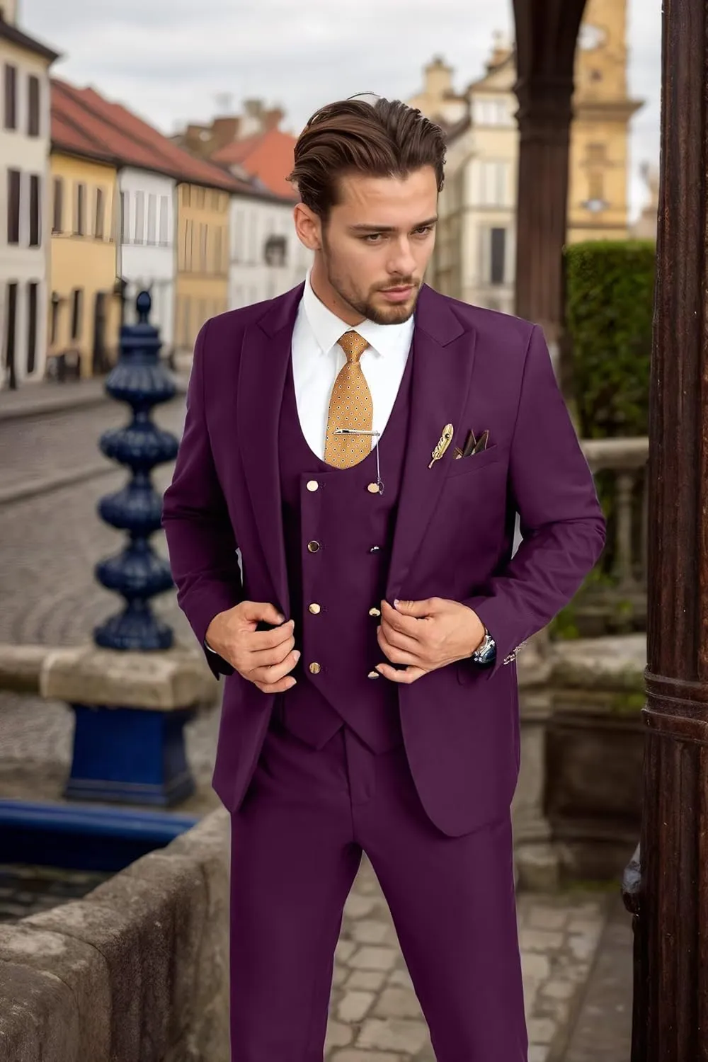 Men's Suits 3 Piece Slim Fit Tuxedo Suit One Button Double Breasted Men Wedding Prom Homecoming Suits Blazer Vest Pants