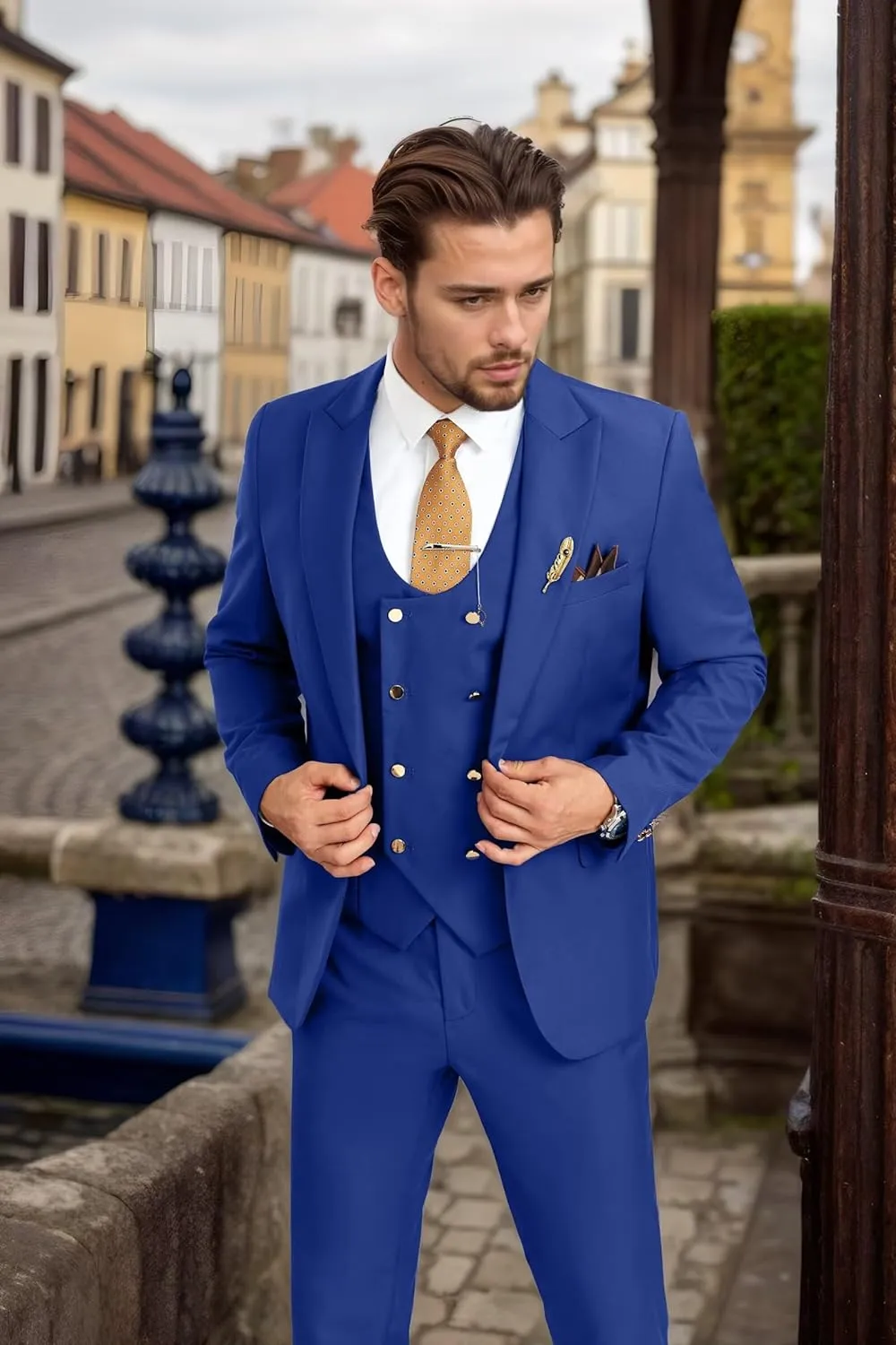 Men's Suits 3 Piece Slim Fit Tuxedo Suit One Button Double Breasted Men Wedding Prom Homecoming Suits Blazer Vest Pants