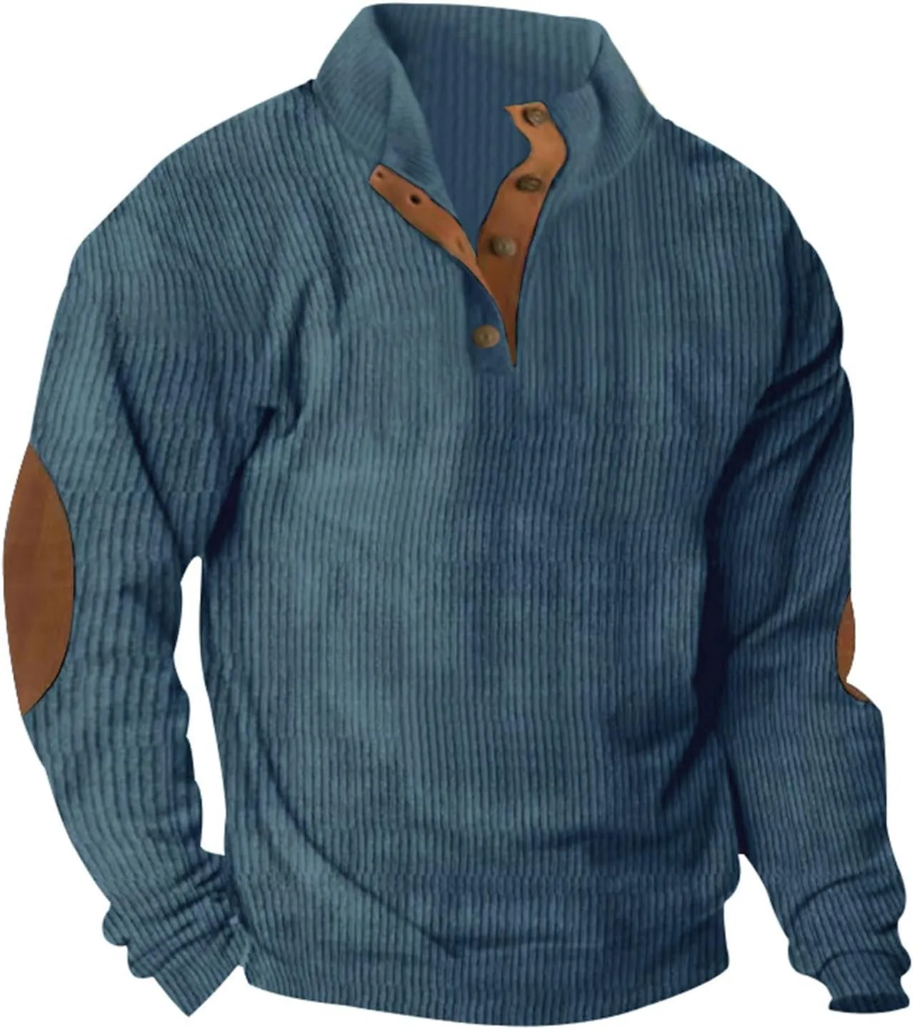 Mens Sweatshirt Corduroy Tactical Henley Shirts Long Sleeve Elbow Patch Draped Pullover Casual Stand Collar Slim Shirt