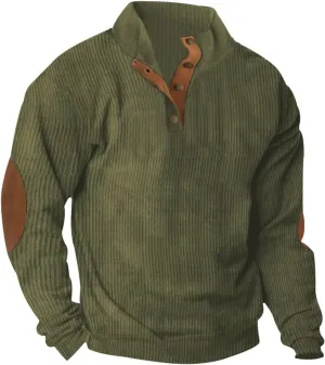 Mens Sweatshirt Corduroy Tactical Henley Shirts Long Sleeve Elbow Patch Draped Pullover Casual Stand Collar Slim Shirt