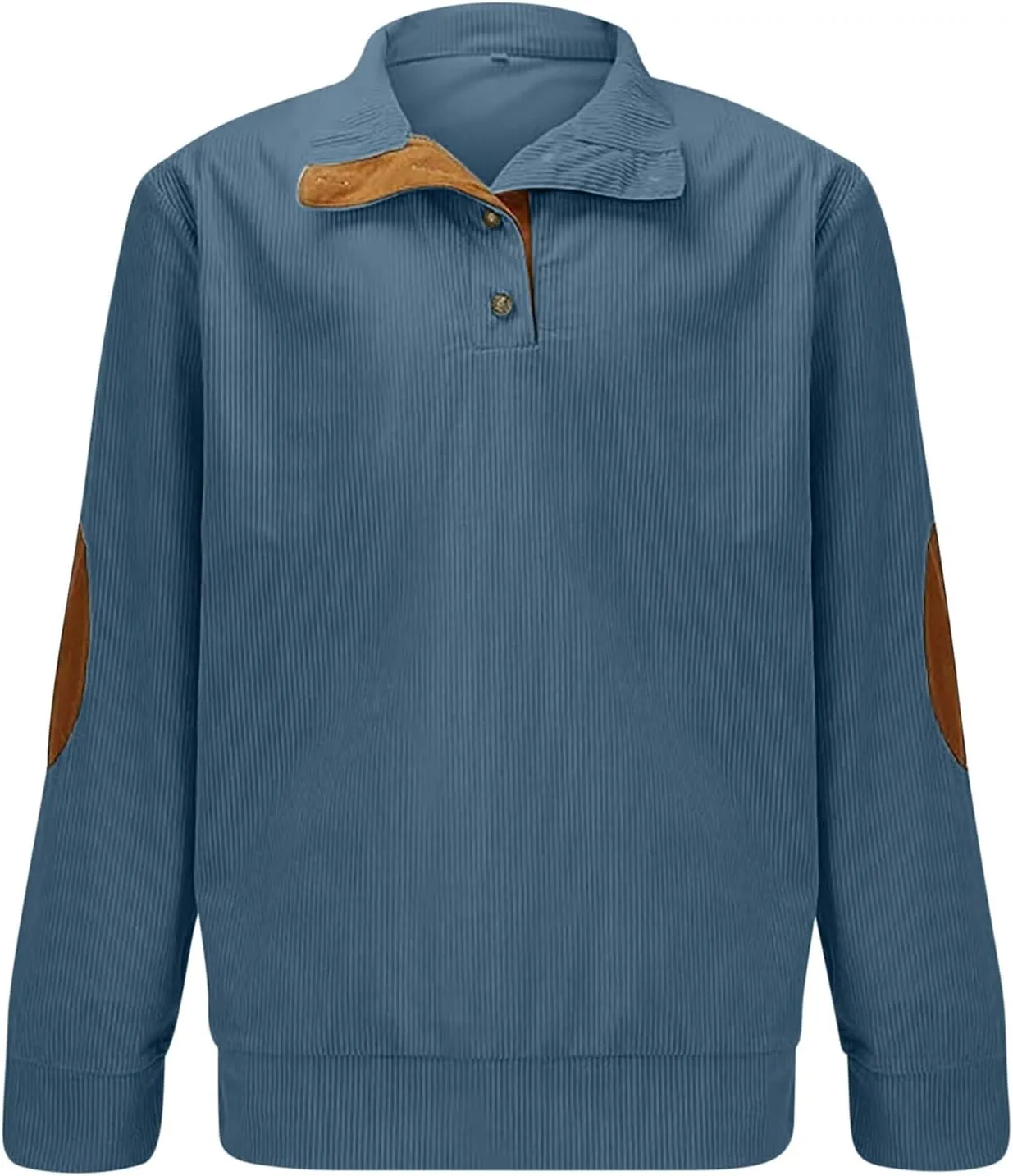 Mens Sweatshirt Corduroy Tactical Henley Shirts Long Sleeve Elbow Patch Draped Pullover Casual Stand Collar Slim Shirt