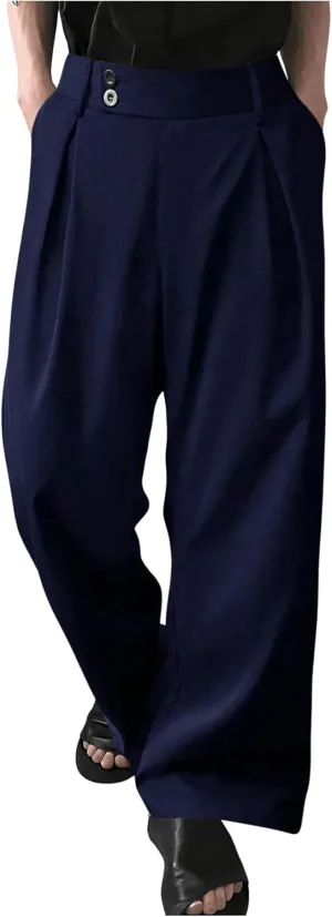 Milumia Men's Pleat Front Wide Leg Long Pants Button Loose Casual Pants
