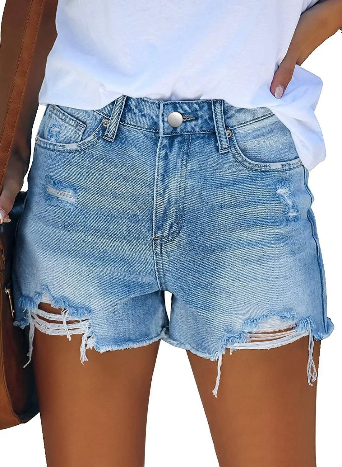 MINGALONDON Women's Denim Shorts Mid Waist Ripped Distressed