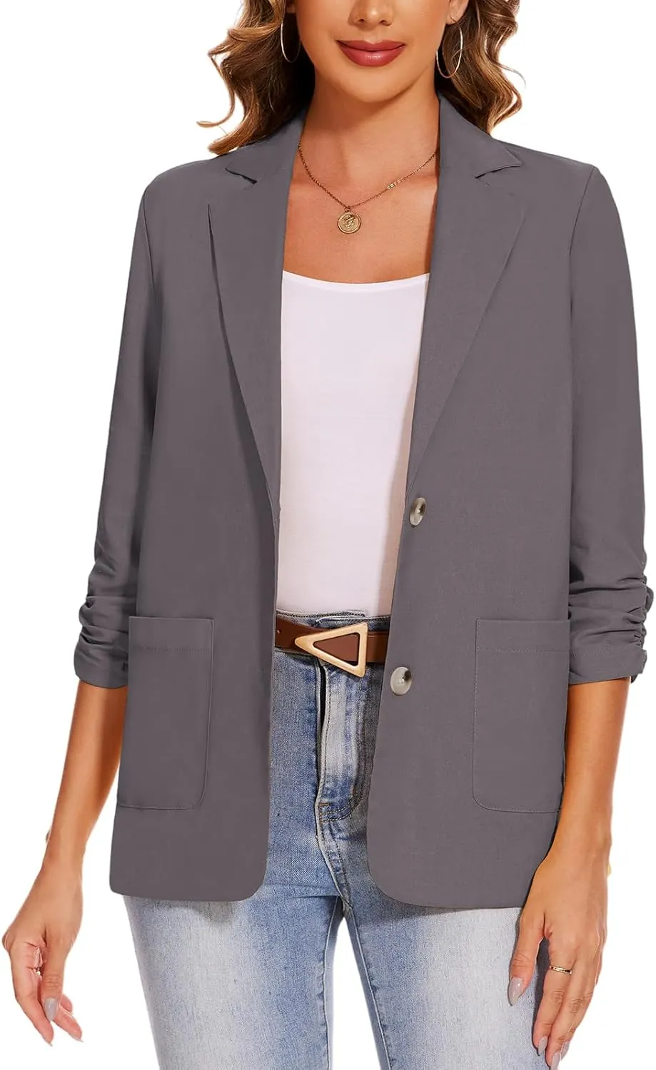 MINTLIMIT Women's Cotton Linen Blazer Jackets Ruched 3/4 Sleeve Summer Casual Lightweight Button Lapel Blazers with Pockets