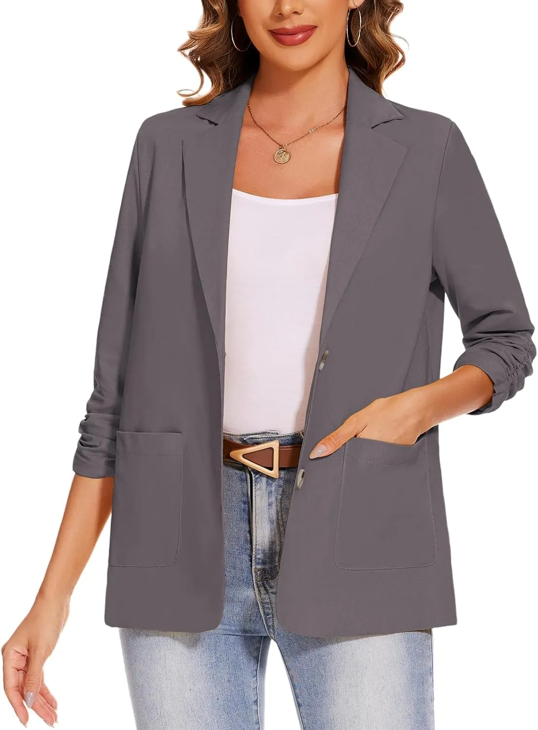MINTLIMIT Women's Cotton Linen Blazer Jackets Ruched 3/4 Sleeve Summer Casual Lightweight Button Lapel Blazers with Pockets