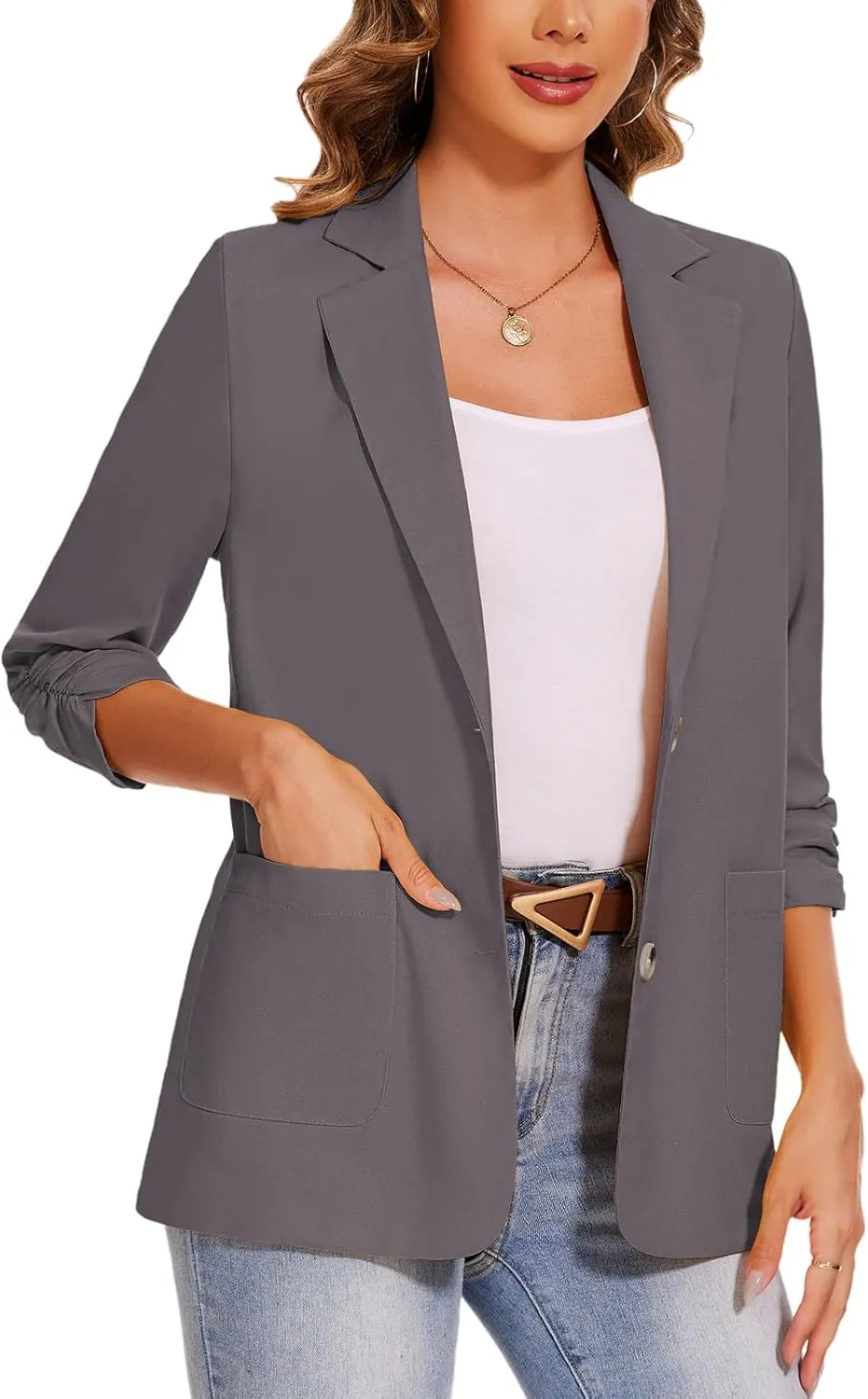 MINTLIMIT Women's Cotton Linen Blazer Jackets Ruched 3/4 Sleeve Summer Casual Lightweight Button Lapel Blazers with Pockets
