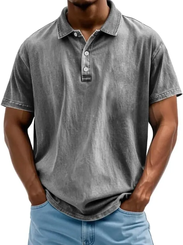 Mokaloha Mens Shirts, Men's Vintage Washed and Distressed Pure Cotton Lapel Short-Sleeved Polo Shirt Summer