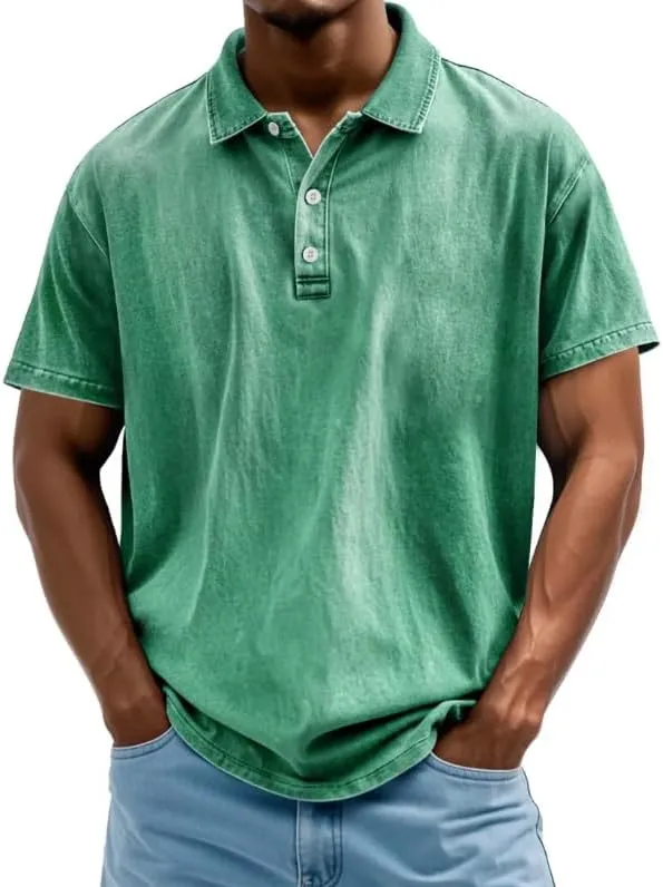 Mokaloha Mens Shirts, Men's Vintage Washed and Distressed Pure Cotton Lapel Short-Sleeved Polo Shirt Summer