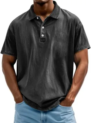 Mokaloha Mens Shirts, Men's Vintage Washed and Distressed Pure Cotton Lapel Short-Sleeved Polo Shirt Summer