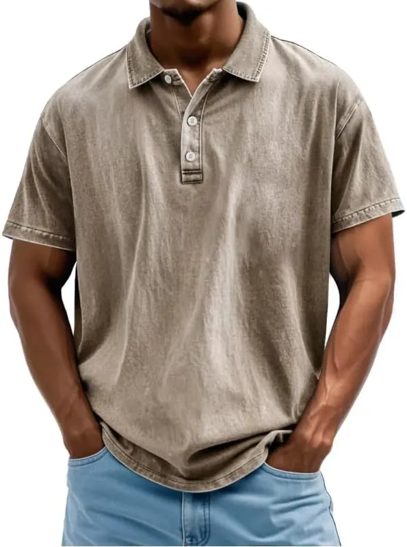 Mokaloha Mens Shirts, Men's Vintage Washed and Distressed Pure Cotton Lapel Short-Sleeved Polo Shirt Summer