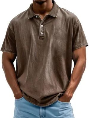 Mokaloha Mens Shirts, Men's Vintage Washed and Distressed Pure Cotton Lapel Short-Sleeved Polo Shirt Summer
