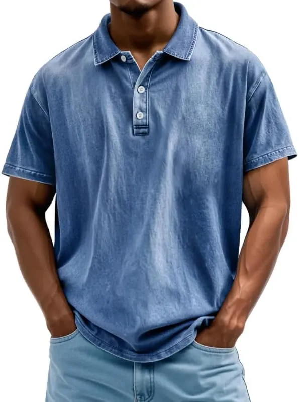 Mokaloha Mens Shirts, Men's Vintage Washed and Distressed Pure Cotton Lapel Short-Sleeved Polo Shirt Summer