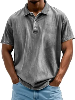 Mokaloha Mens Shirts, Men's Vintage Washed and Distressed Pure Cotton Lapel Short-Sleeved Polo Shirt Summer