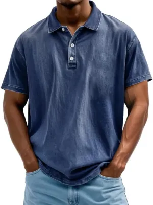 Mokaloha Mens Shirts, Men's Vintage Washed and Distressed Pure Cotton Lapel Short-Sleeved Polo Shirt Summer