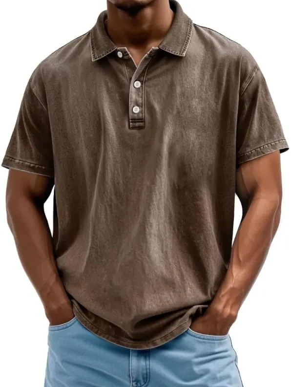 Mokaloha Mens Shirts, Men's Vintage Washed and Distressed Pure Cotton Lapel Short-Sleeved Polo Shirt Summer