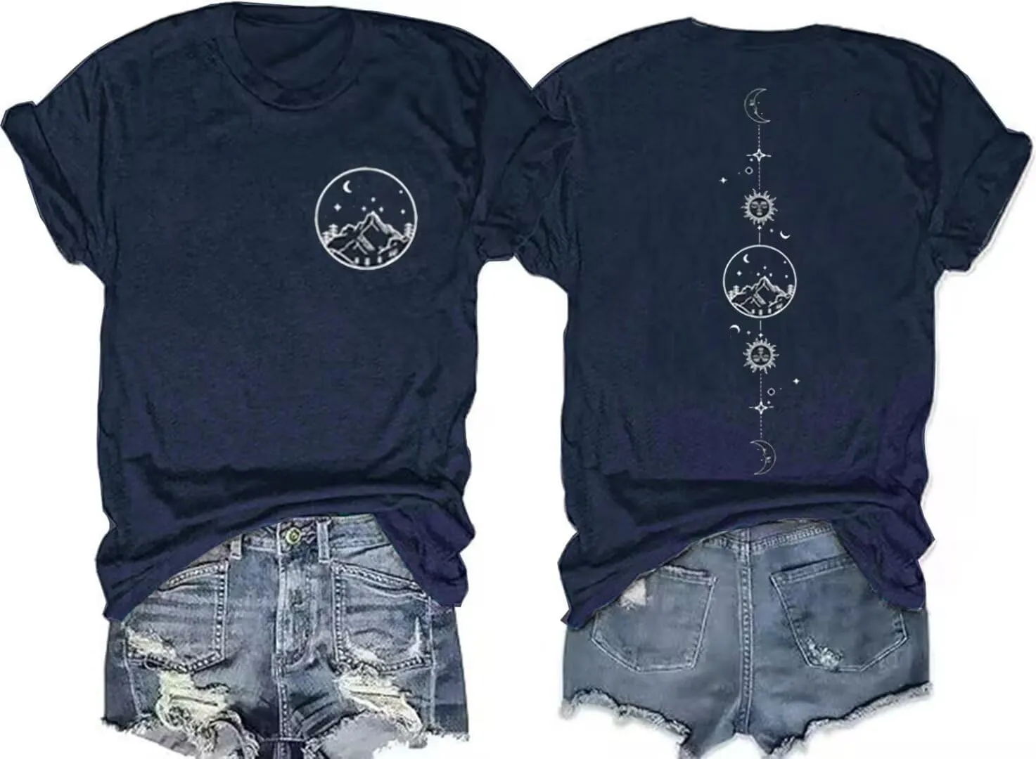 Moon and Sun Shirts for Women Vintage Graphic Tshirt Mountain Hiking Short Sleeve Tees Vacation Funny Shirt