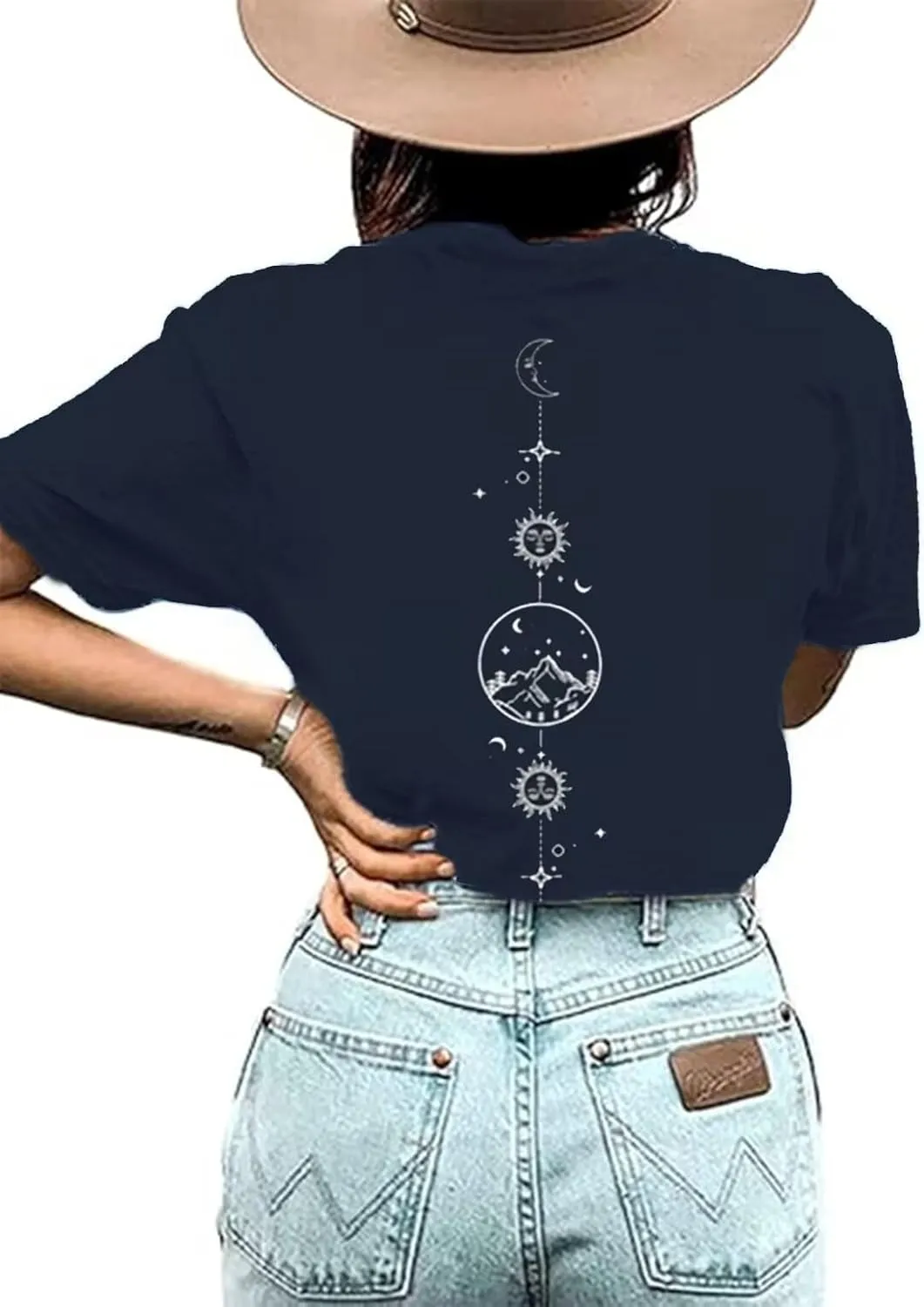 Moon and Sun Shirts for Women Vintage Graphic Tshirt Mountain Hiking Short Sleeve Tees Vacation Funny Shirt
