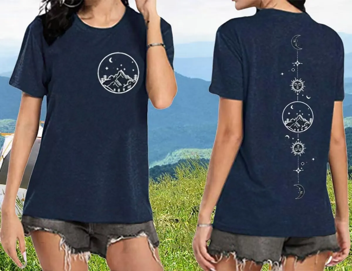Moon and Sun Shirts for Women Vintage Graphic Tshirt Mountain Hiking Short Sleeve Tees Vacation Funny Shirt