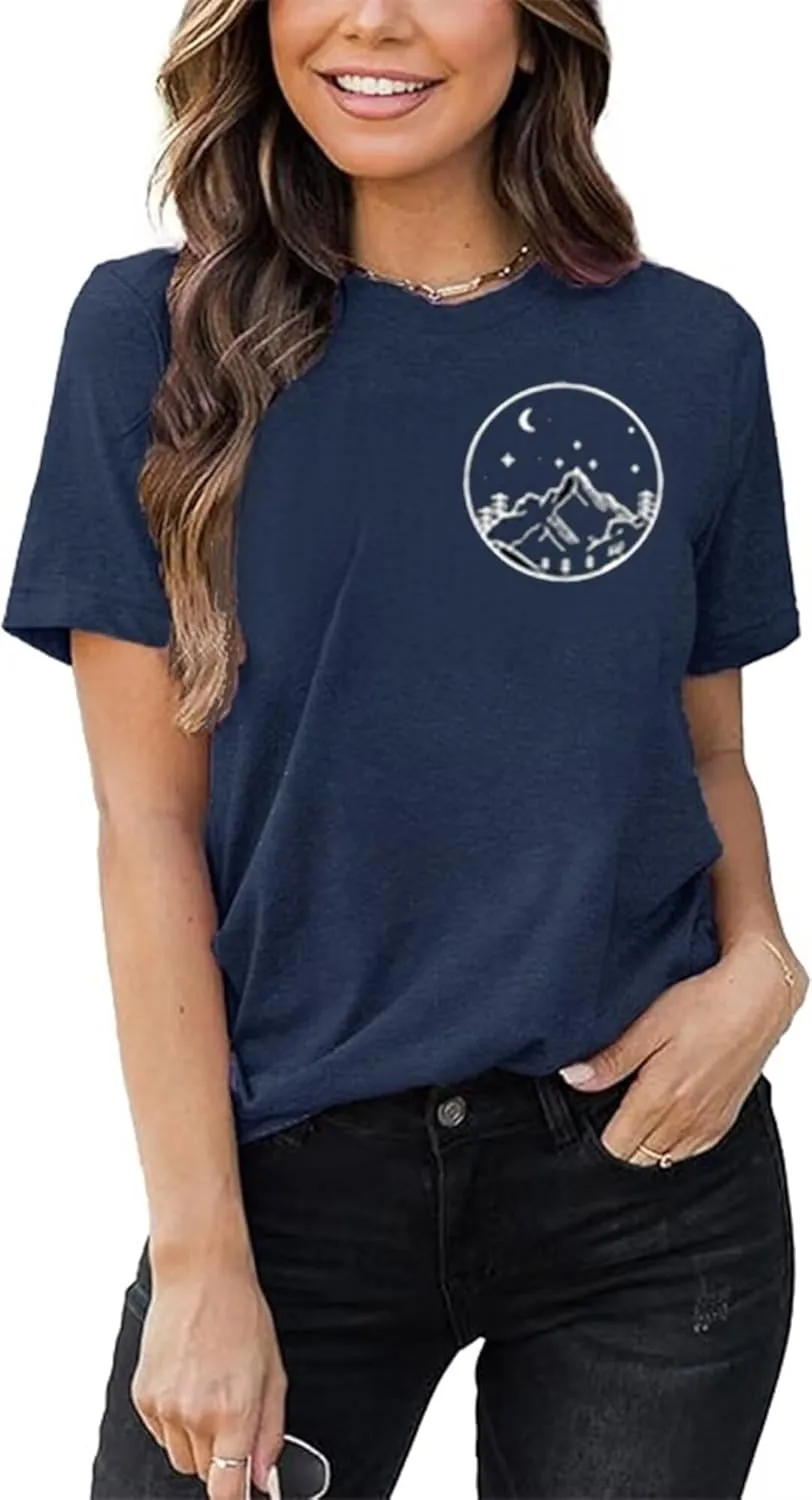 Moon and Sun Shirts for Women Vintage Graphic Tshirt Mountain Hiking Short Sleeve Tees Vacation Funny Shirt