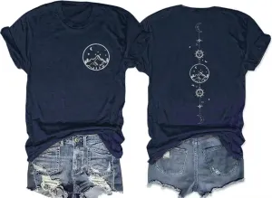 Moon and Sun Shirts for Women Vintage Graphic Tshirt Mountain Hiking Short Sleeve Tees Vacation Funny Shirt