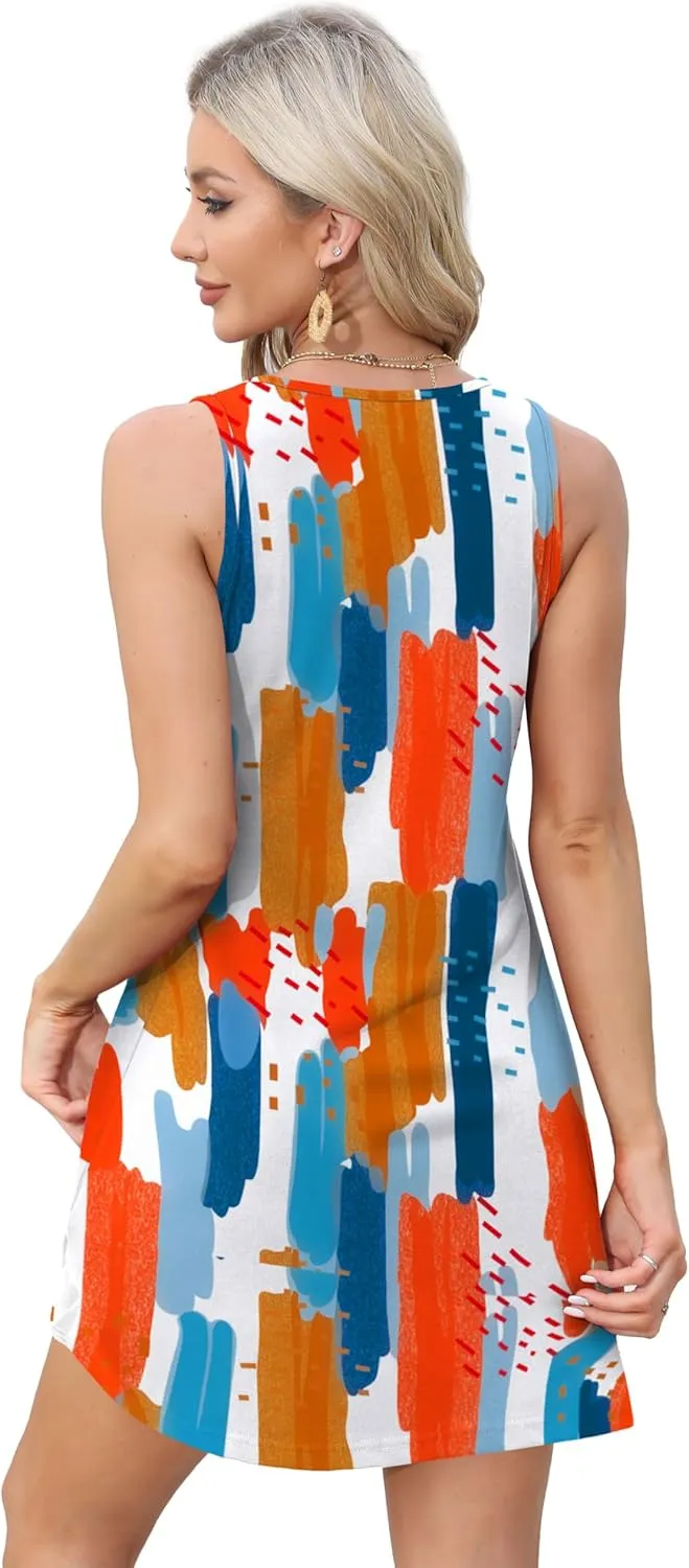 OFEEFAN Womens Summer Dresses 2025 Loose V Neck Sleeveless Sundresses Swimsuit Coverup with Pockets Floral/Plain/Eyelet