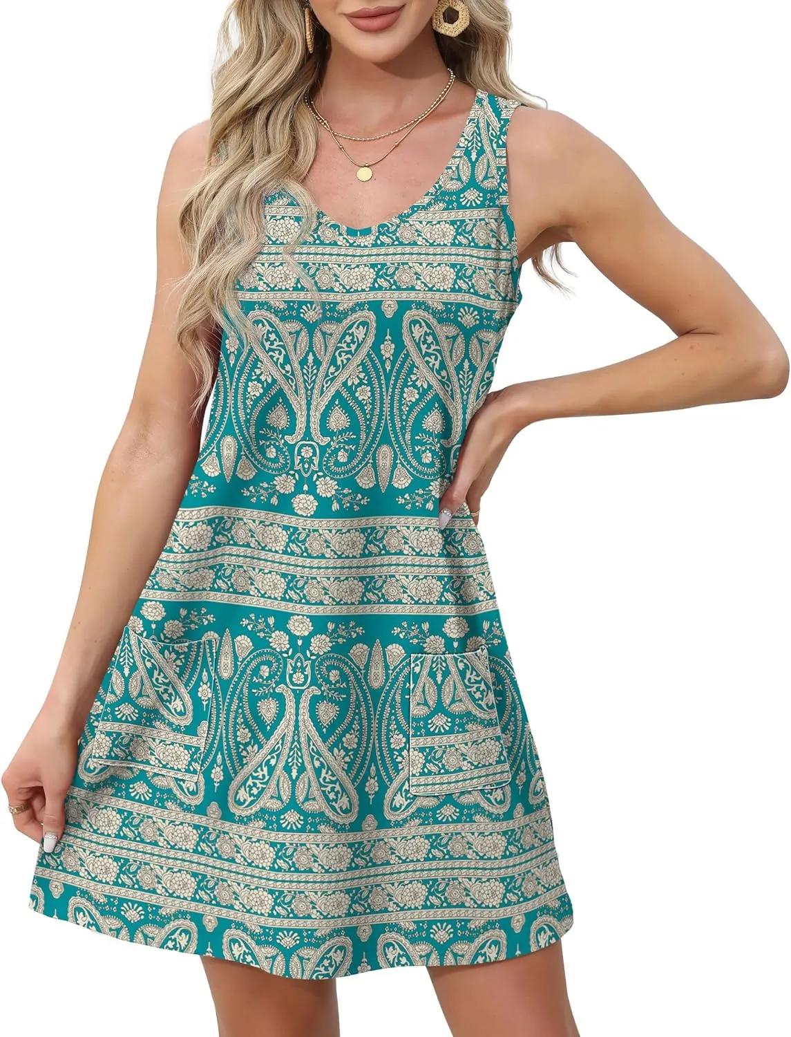 OFEEFAN Womens Summer Dresses 2025 Loose V Neck Sleeveless Sundresses Swimsuit Coverup with Pockets Floral/Plain/Eyelet